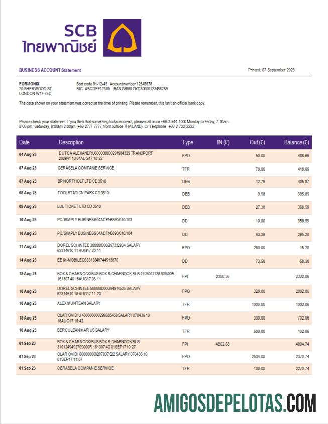 Modelo Word e PDF do extrato da conta empresarial do Realista Siam Commercial Bank